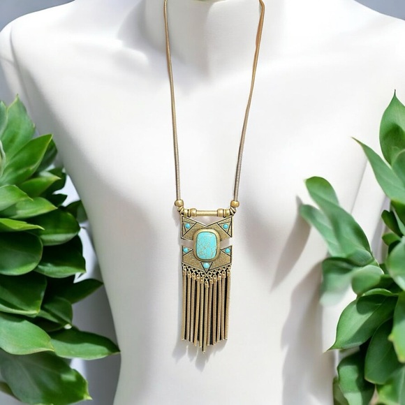 Gold Turquoise Fringe Necklace & Earring Set - Picture 9 of 16